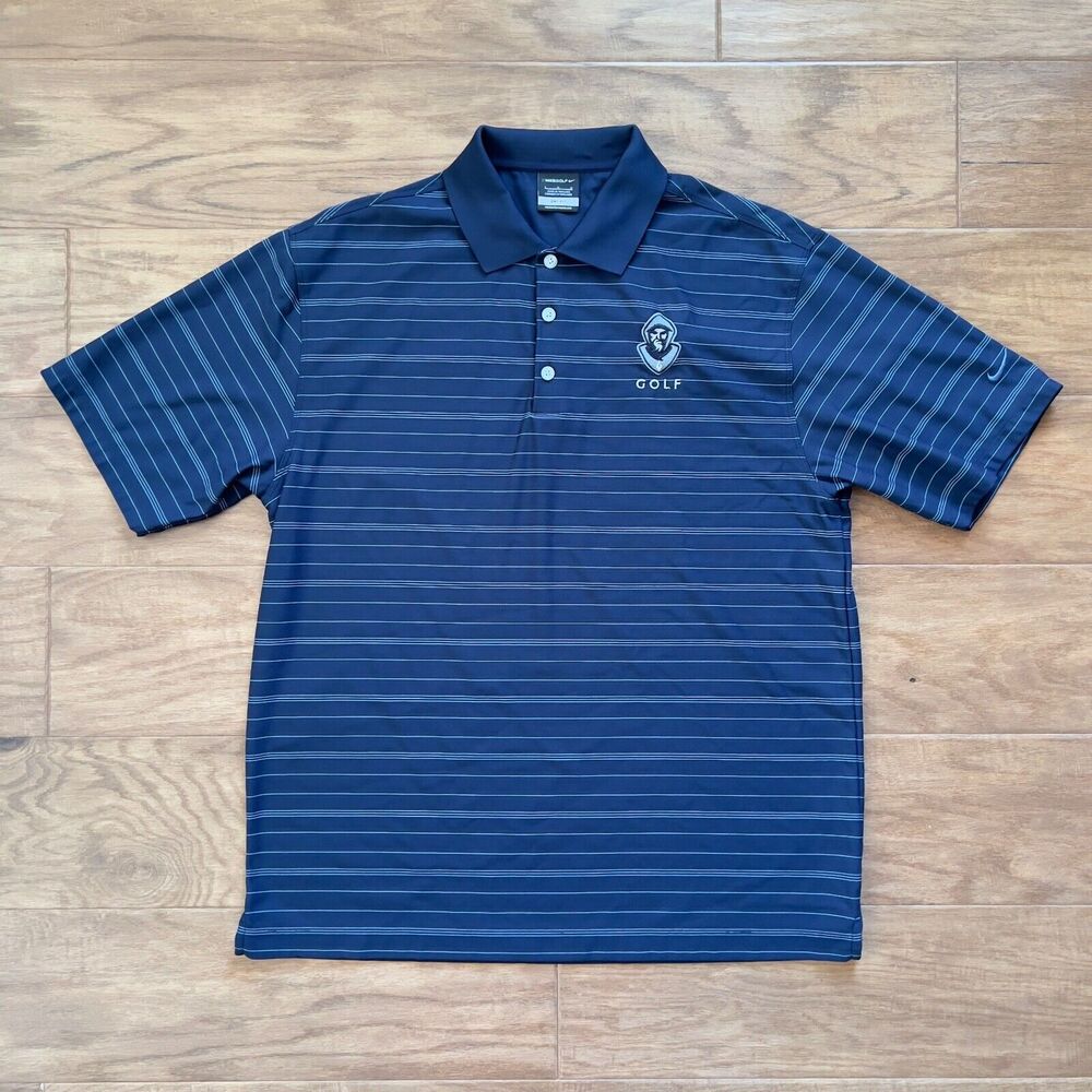 Nike Golf Polo Men's L Navy Dri-Fit Tech Tonal Band Striped Embroidered Patch